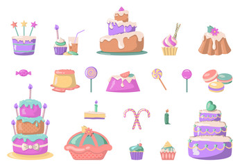 Colorful sweet cakes set icons in cartoon style. Big collection of cakes and candies illustration. Vector birthday party elements.