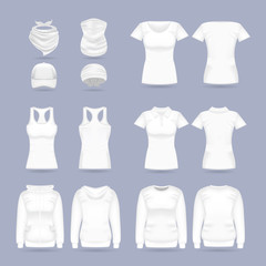 Blank white collection of women's clothing templates. T-shirt, hoodie, sweatshirt, short sleeve polo shirt, head bandanas and cap, tank top, neck scarf and buff. Realistic vector mock up