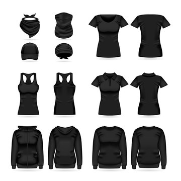 Blank black collection of women's clothing templates. T-shirt, hoodie,  sweatshirt, short sleeve polo shirt, head bandanas and cap, tank top, neck  scarf and buff. Realistic vector mock up Stock Vector