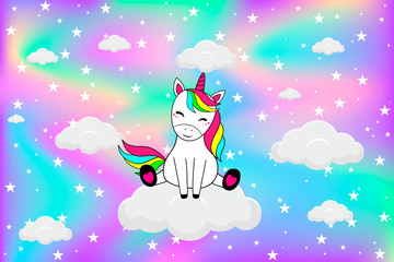Beautiful unicorn on clouds with stars illustration, cartoon vector illustration