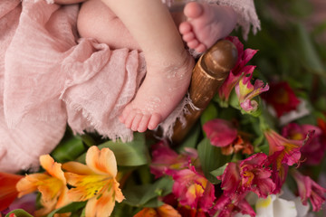 Small children's feet. Baby in a crib with flowers, fresh flowers. soft focus
