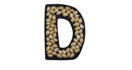 Isolated Font English or Latin Letter D made of seashell on black granite on white background