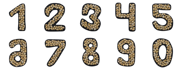Isolated Font set of numbers made of seashell on black granite on white background