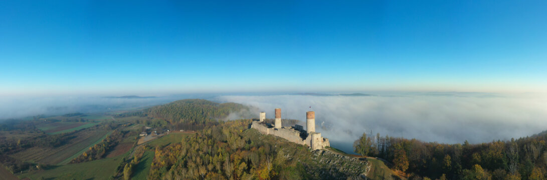 Checiny Castle near kielce,panorama Aerial drone. Poland.