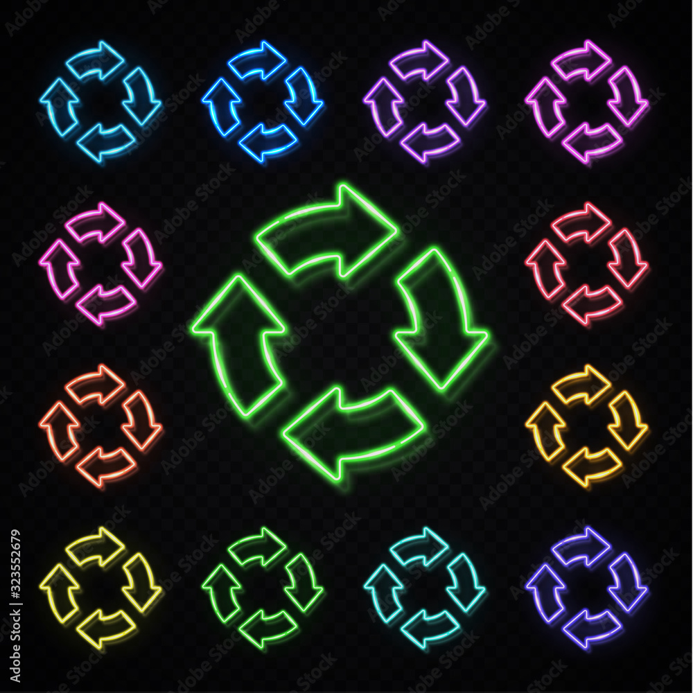 Poster color neon 4 in circle arrows set on transparent background. zero waste reuse recycle icon for web i