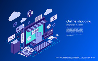 Online shopping, e-commerce, distant trade flat isometric vector concept illustration