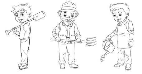 Collection of cartoon farmer used for coloring book