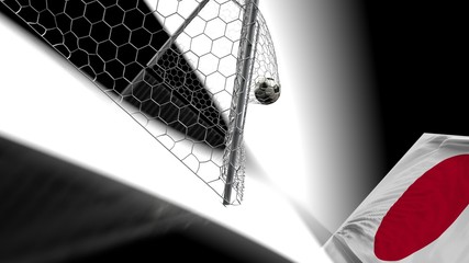Soccer Ball in the Goal Net with Japan flag . 3D illustration. 3D high quality rendering.