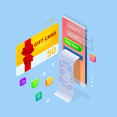 Weekend Sale and Discount Offers. Online shopping. Seasonal Sale with Discount Coupons. Isometric Smart phone online shopping concept. Online store, shopping cart icon.