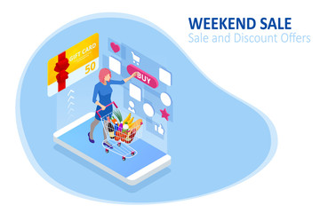 Weekend Sale and Discount Offers. Online shopping. Seasonal Sale with Discount Coupons. Isometric Smart phone online shopping concept. Online store, shopping cart icon.