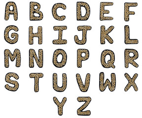 Isolated Font English or Latin whole alphabet made of seashell on black granite on white background