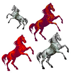  silver and red horses standing on their hind legs, isolated image on a white background in the low poly style