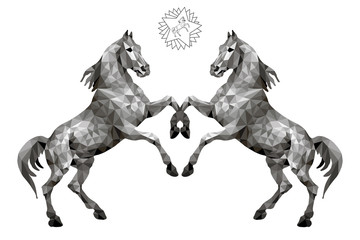 Naklejka premium two silver horses standing on their hind legs, isolated image on a white background in the low poly style