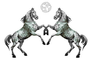  two silver horses standing on their hind legs, isolated image on a white background in the low poly style