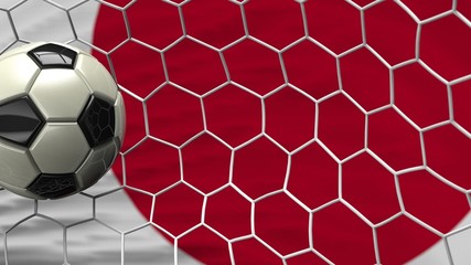 Soccer Ball in the Goal Net with Japan flag . 3D illustration. 3D high quality rendering.