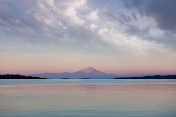 Athos mountain as seen from Sithonia, Greece, in the dusk