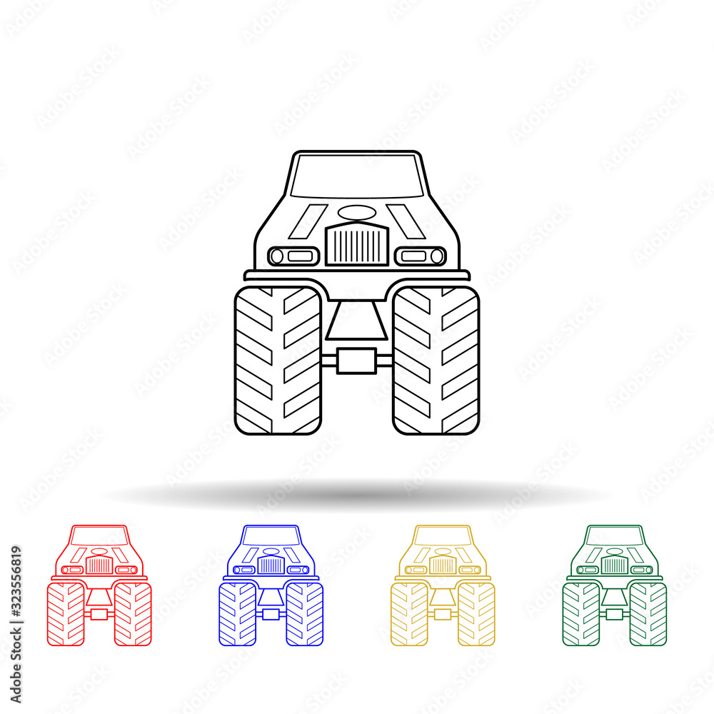 Poster bigfoot car front multi color style icon. simple thin line, outline vector of bigfoot car icons for 