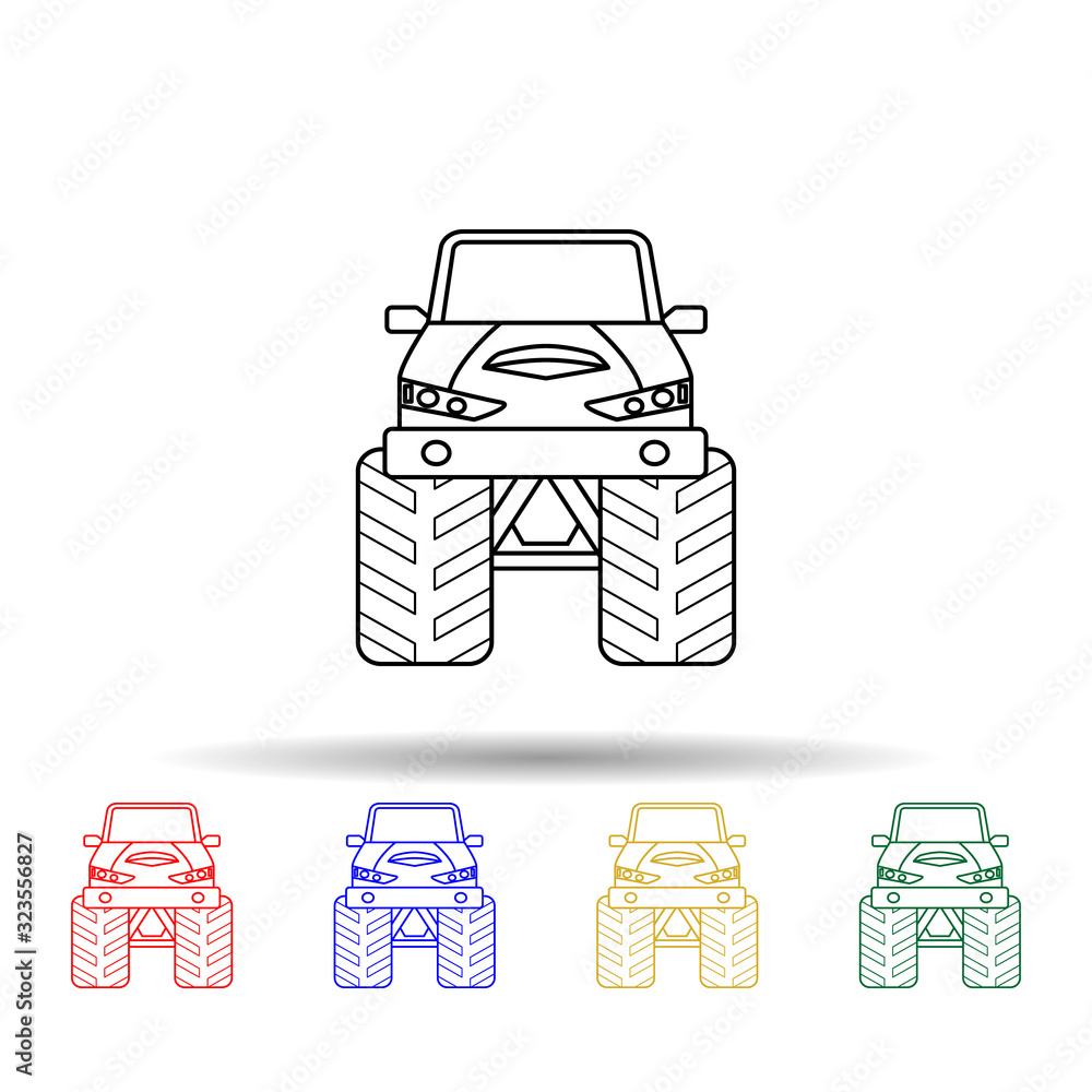 Poster bigfoot car front multi color style icon. simple thin line, outline vector of bigfoot car icons for 