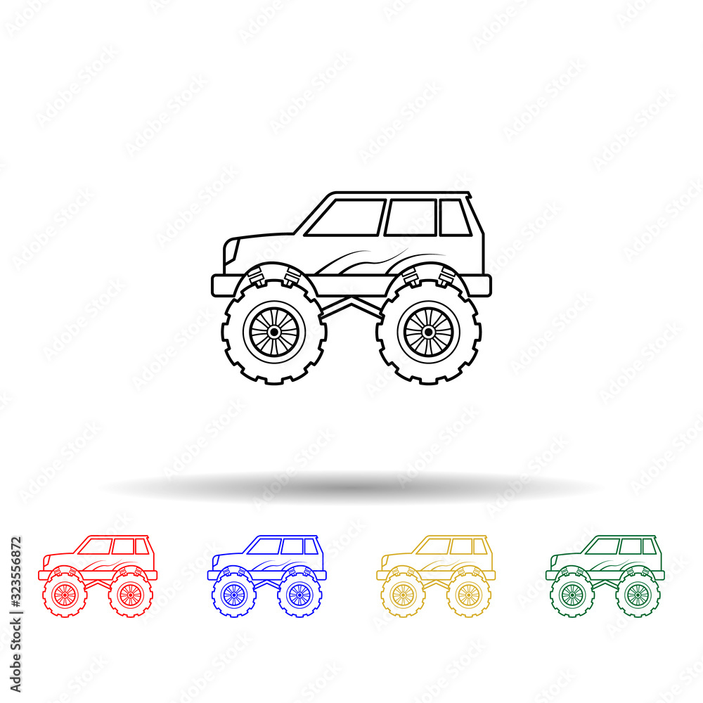 Poster bigfoot car multi color style icon. simple thin line, outline vector of bigfoot car icons for ui and