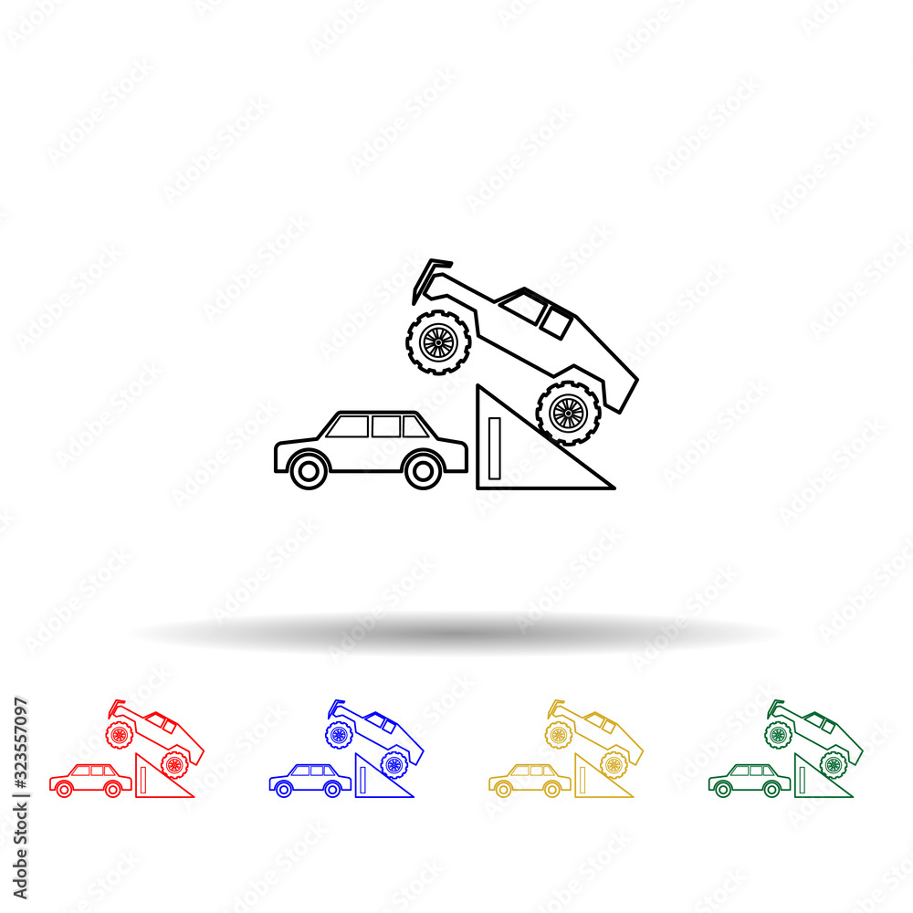 Poster bigfoot car in a jump multi color style icon. simple thin line, outline vector of bigfoot car icons 