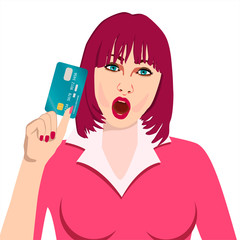 excited surprised young woman with credit card over white background. Female fingers hold a credit card