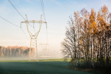 Electric transmission lines with electricity in the foggy morning autumn forest.