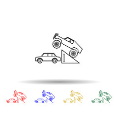 Bigfoot car in a jump multi color style icon. Simple thin line, outline vector of bigfoot car icons for ui and ux, website or mobile application
