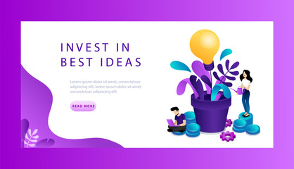 Isometric Concept Of Financial Technology, Solutions Investment Ideas With Tiny Characters. Website Landing Page. Commerce Strategy Of Solutions For Investments Analysis. Web Page Vector Illustration