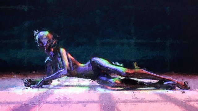 Digital artistic sketch animation of a female alien based on a self-created 3D illustration