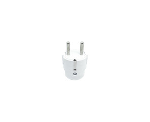 Single white electric plug without cable isolated on white background. A white stecker without shadow
