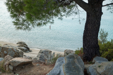 Beautiful scenery by the sea in Koviou beach, Sithonia, Chalkidiki, Greece