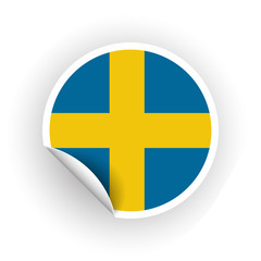 Sticker of Sweden flag with peel off corner isolated on white background. Paper banner or circle curl label sticker with flip edge. Vector color post note for advertising design.