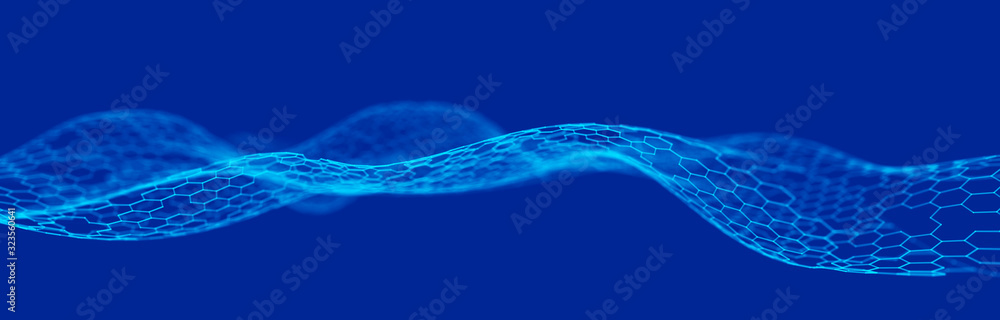 Poster futuristic blue hexagon background. futuristic honeycomb concept. wave of particles. 3d rendering.