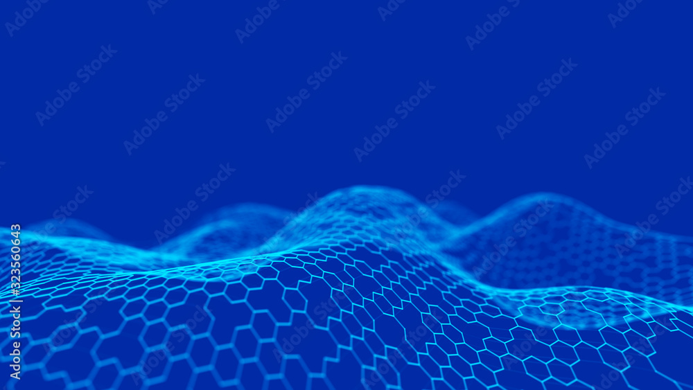 Aufkleber futuristic blue hexagon background. futuristic honeycomb concept. wave of particles. 3d rendering.