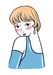 Hand drawn vector graphic illustration. Portrait of a beautiful woman in 20s styles. Colored contour sketch isolated on white. Vintage retro drawing for design, cosmetics, beauty products, cards etc.