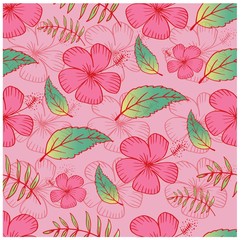 Seamless pattern with pink hibiscus.   Hand drawn hibiscus.