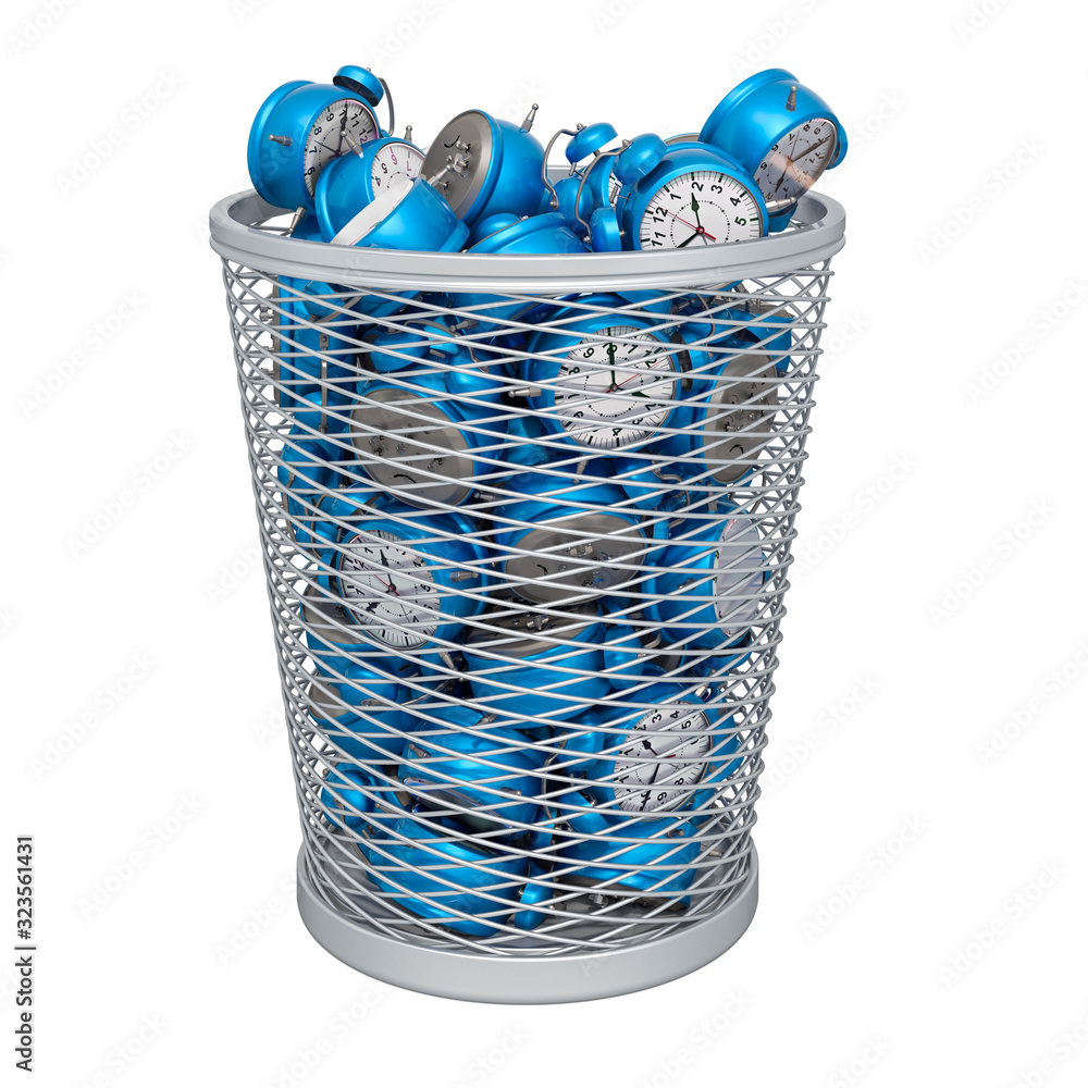 Poster alarm clocks inside metallic garbage bin, 3d rendering