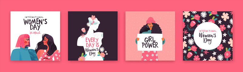 Women's day set of hand drawn women holiday card