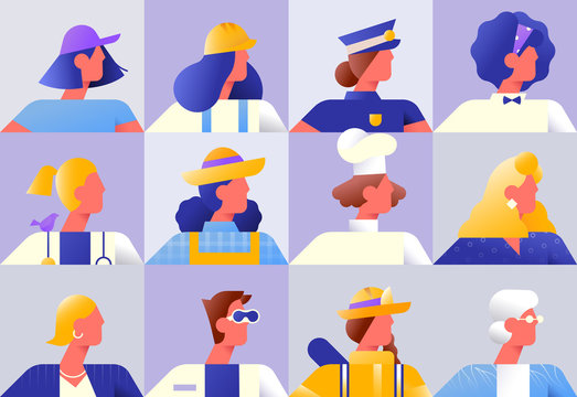 Women worker diverse character set isolated