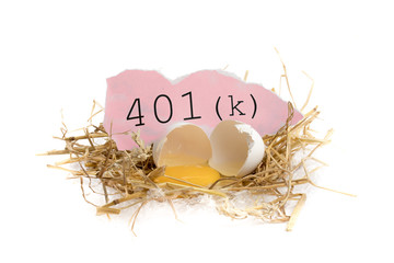 illustrating risk of losses in your retirement savings, a broken egg in a straw nest and text isolated on white