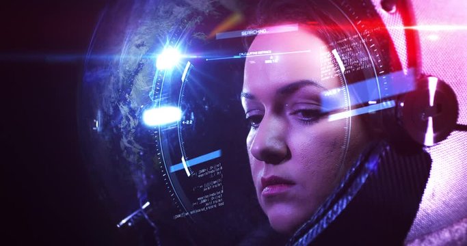 Young Beautiful Female Astronaut In Space Helmet Looking At Camera. She Is Exploring Outer Space In A Space Suit. Science And Technology Related VFX 4K Concept Footage.
