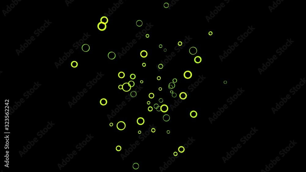 Poster abstract animation of colorful small green rings floating on the black background. animation. circle