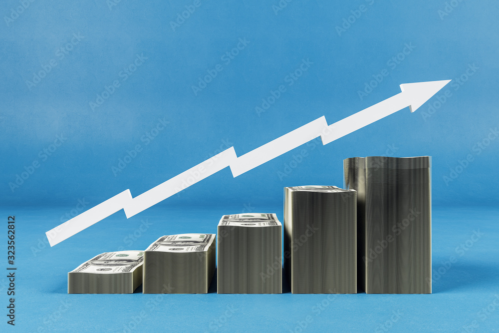 Poster Stacks of money in form of a business chart with arrow