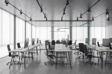 Coworking office interior with panoramic city view