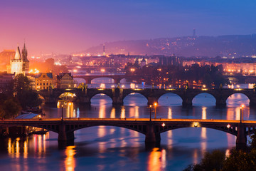 Beautiful Night View of the Bridges Crossing Vltava River in Prague, Czechia