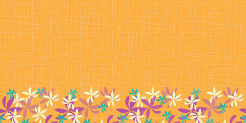 whimsical flower border on orange background. seamless repeat pattern Modern and original textile, wrapping paper, wall art design.