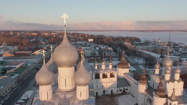 Rostov Kremlin in winter from above, aerial video