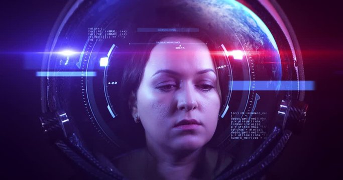 Close Up 4K Shot Of The Young Beautiful Female Astronaut In Space Helmet. She Is Exploring Outer Space In A Space Suit. Science And Technology Related VFX 4K Concept Footage.