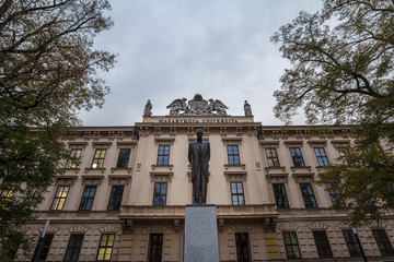Main building of Masarykova Univerzita, or Masaryk University in Brno, Czechia, with a statue of Tomas Garrigue Masaryk inaugurated in the 1930s. This University is the biggest in Brno