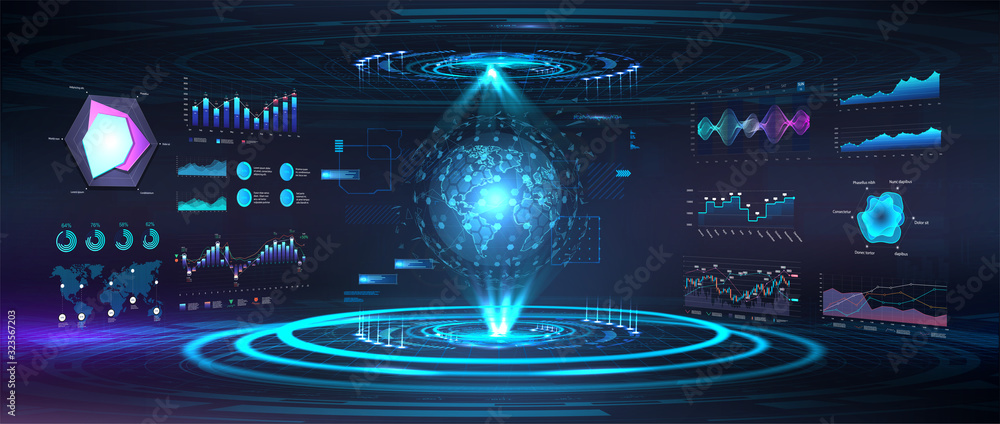 Poster Earth Globe hologram with HUD, UI, GUI interface. Futuristic World Map command center. 3D World map in cyberspace. Scan of the globe, sky-fi elements. Military interface. Vector illustration